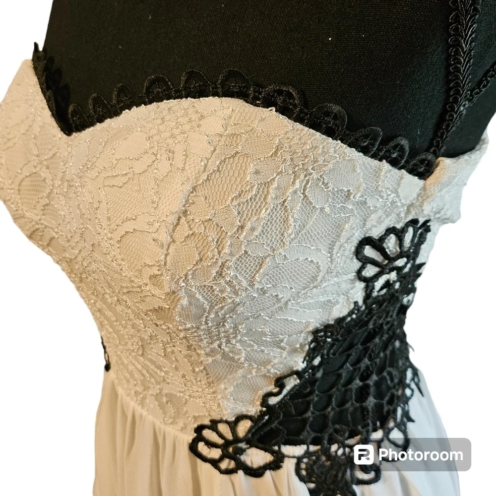 Jodi Kristopher Black White Lace Sheer Crochet Formal Asymmetrical Dress Sz 3 - Picture 12 of 16